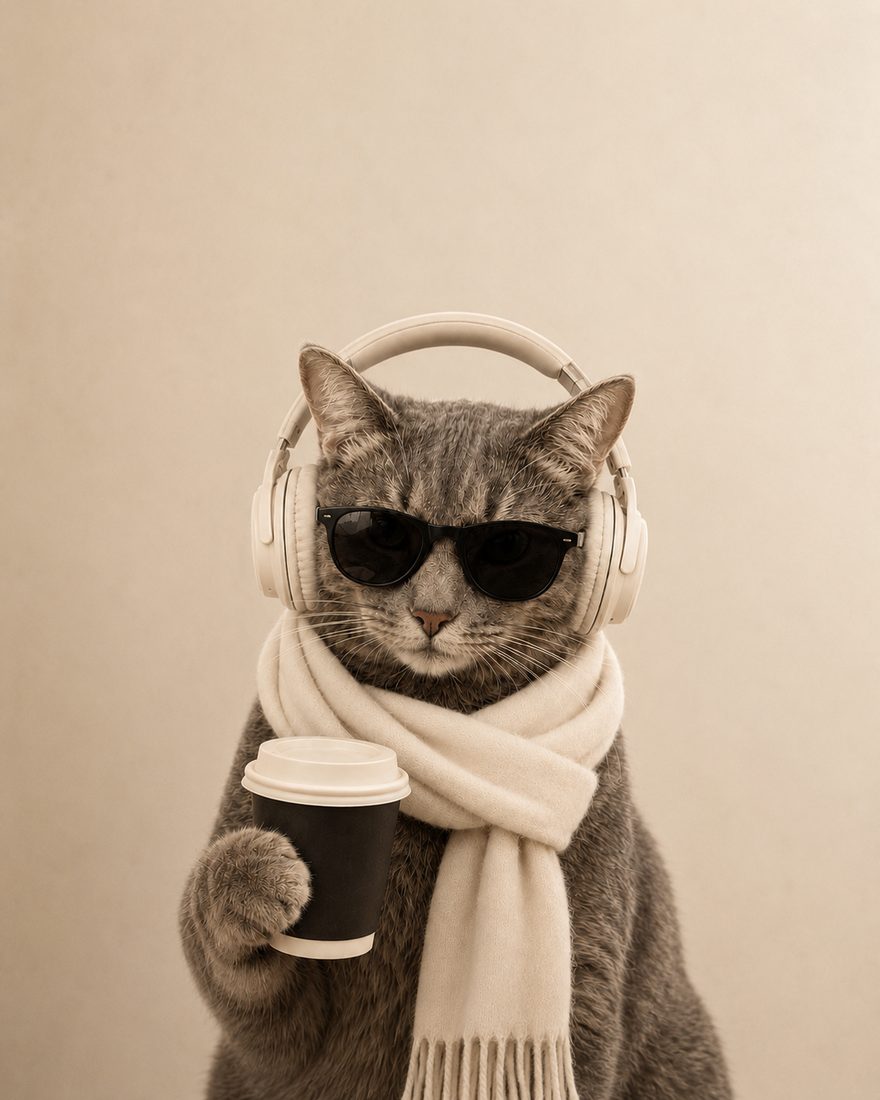 Luna, directora honoraria de glamour en imgo agency, retrato editorial con audífonos y café